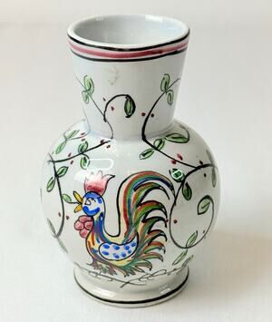 Outeiro Hand Painted Ceramic Vase Portugal White Multicolor Rooster Floral